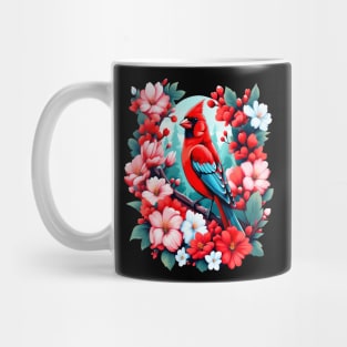 Cute Northern Cardinal Surrounded by Vibrant Spring Flowers Mug